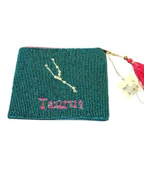 Pier 1 Zodiac Taurus Turquoise Pink Beaded Coin Zipper Purse w/ Pink Tassel NWT